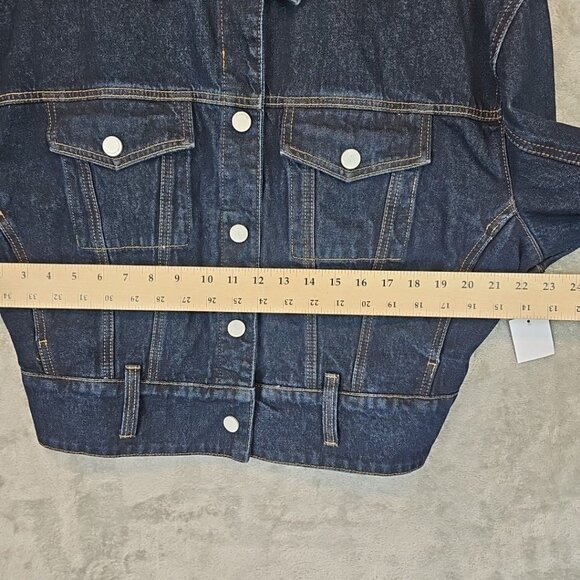 BLANKNYC Wide Hem Trucker Denim Jacket Womens Size XS Dark Blue Oversized Cotton - Picture 14 of 16
